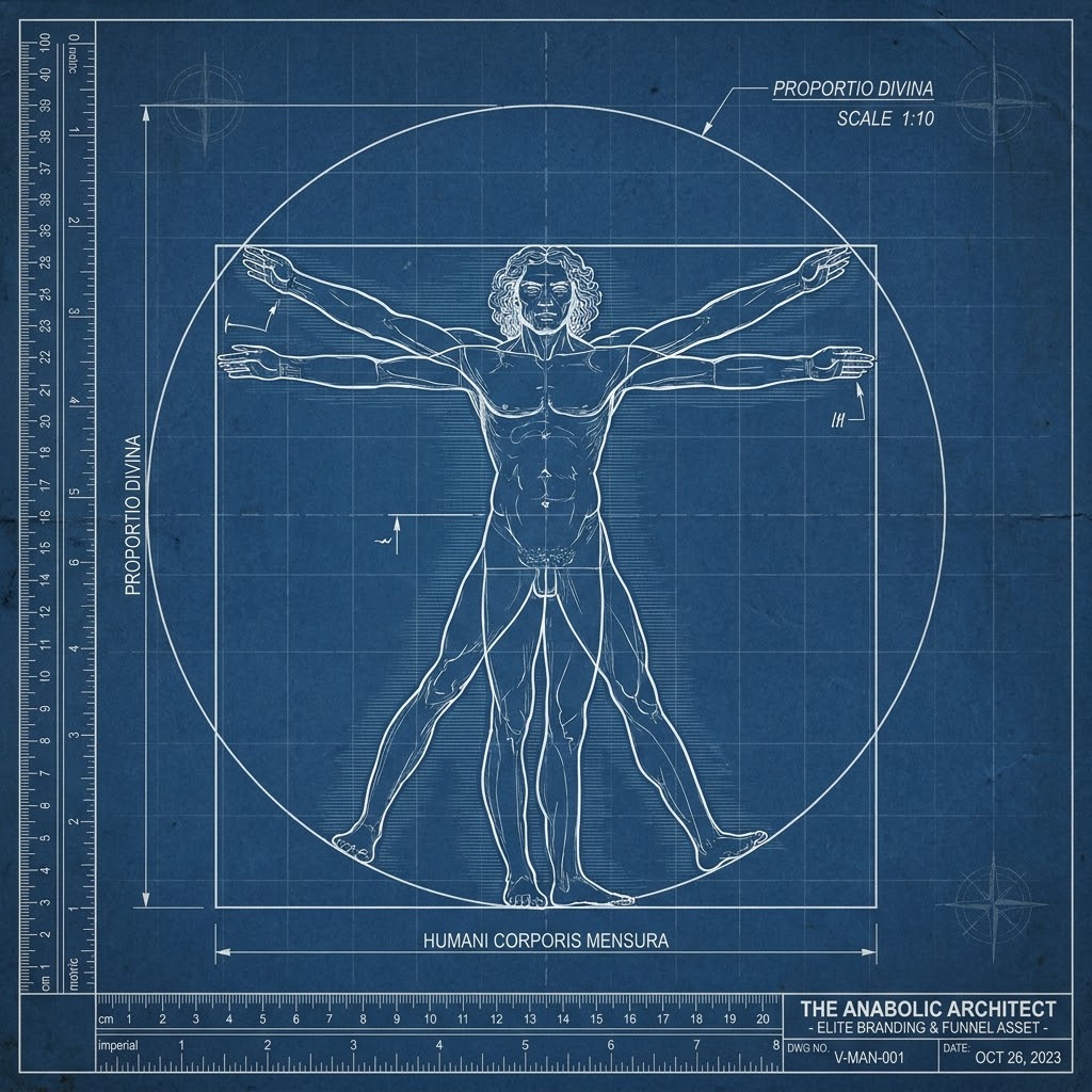 Vitruvian figure rendered as an Anabolic Architect technical blueprint