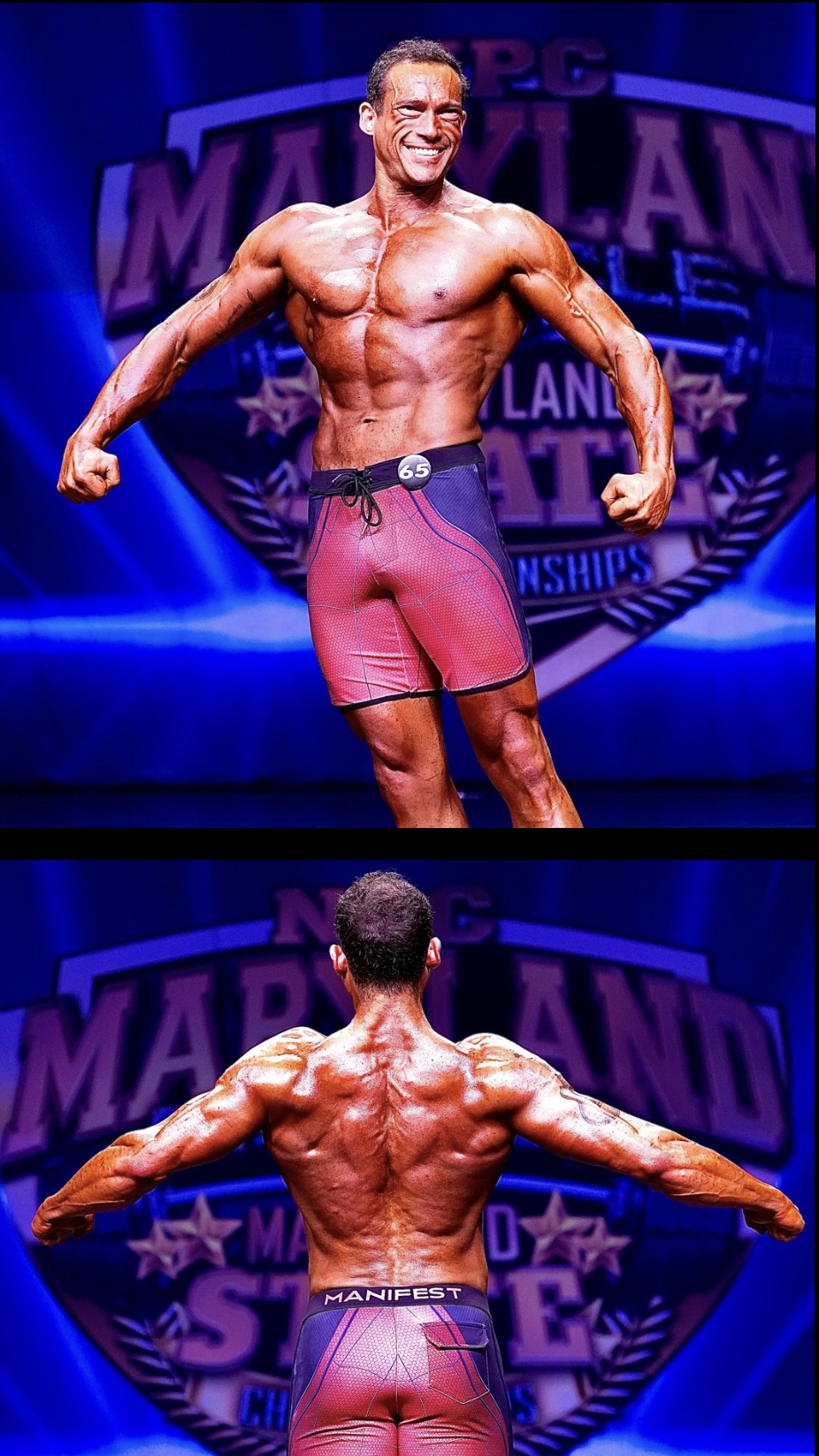 Coach Costa on the NPC Maryland State Championships bodybuilding stage, front and back poses