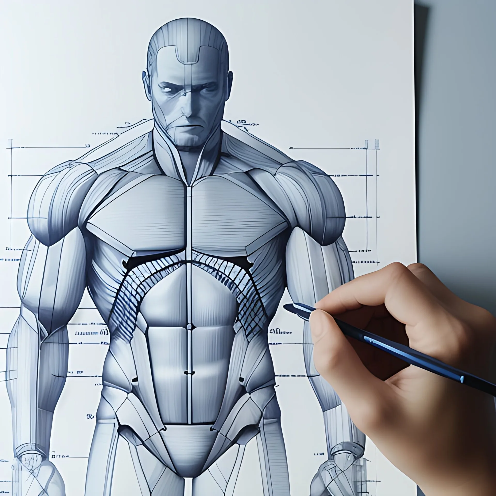 Hand-drawn architectural blueprint of a muscular figure