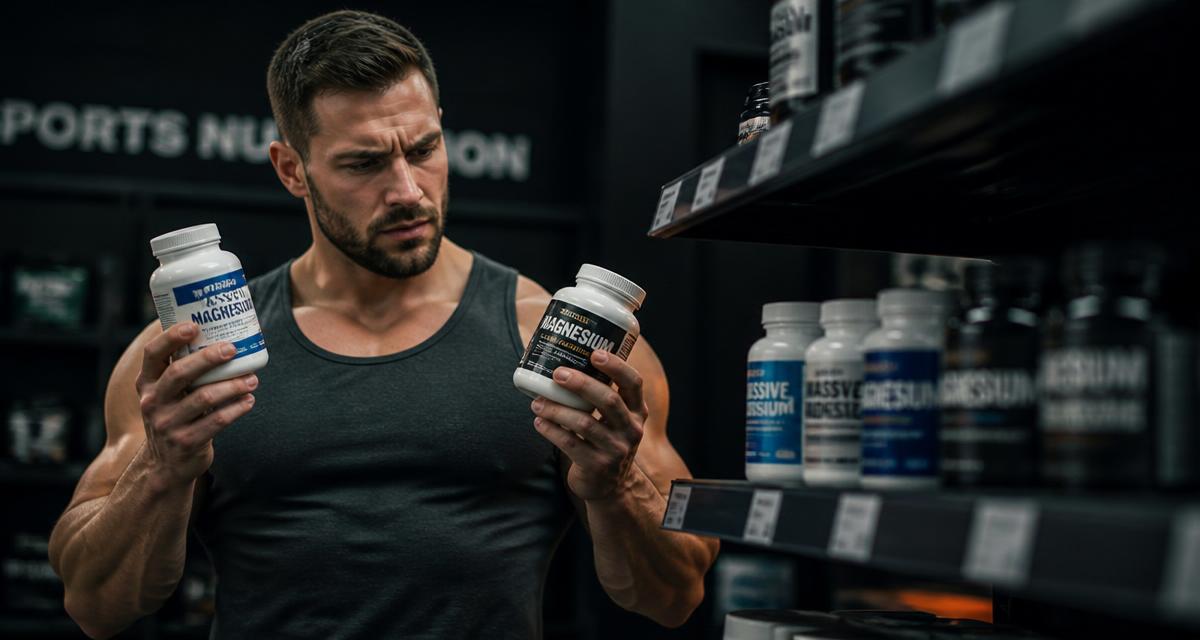 Bodybuilder looking confused while comparing several bottles of different magnesium supplements