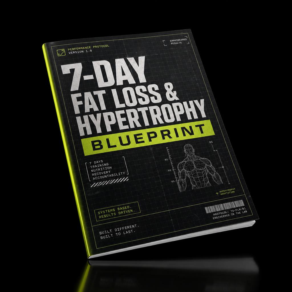 3D mockup of the 7-Day Fat Loss & Hypertrophy Blueprint PDF cover