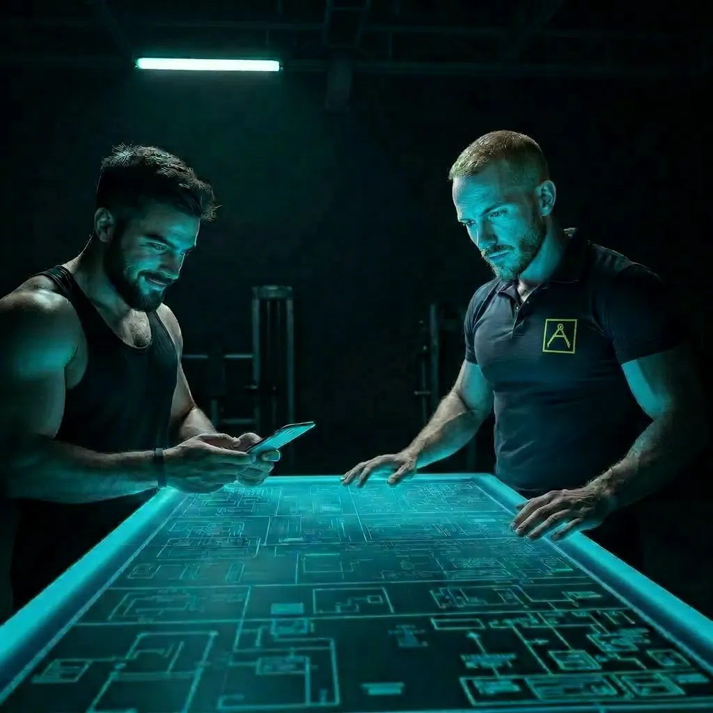 The Anabolic Architect coach reviewing a written training plan one-on-one with a lifter at a gym counter