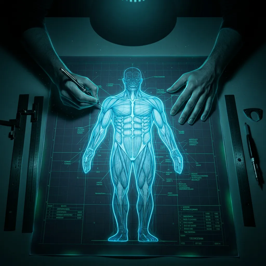 Lifter performing a heavy barbell back squat in a dim industrial gym, lit by overhead spotlights